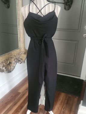 Gianni Bini Black Cowl-Neck Strappy Jumpsuit with Waist Tie